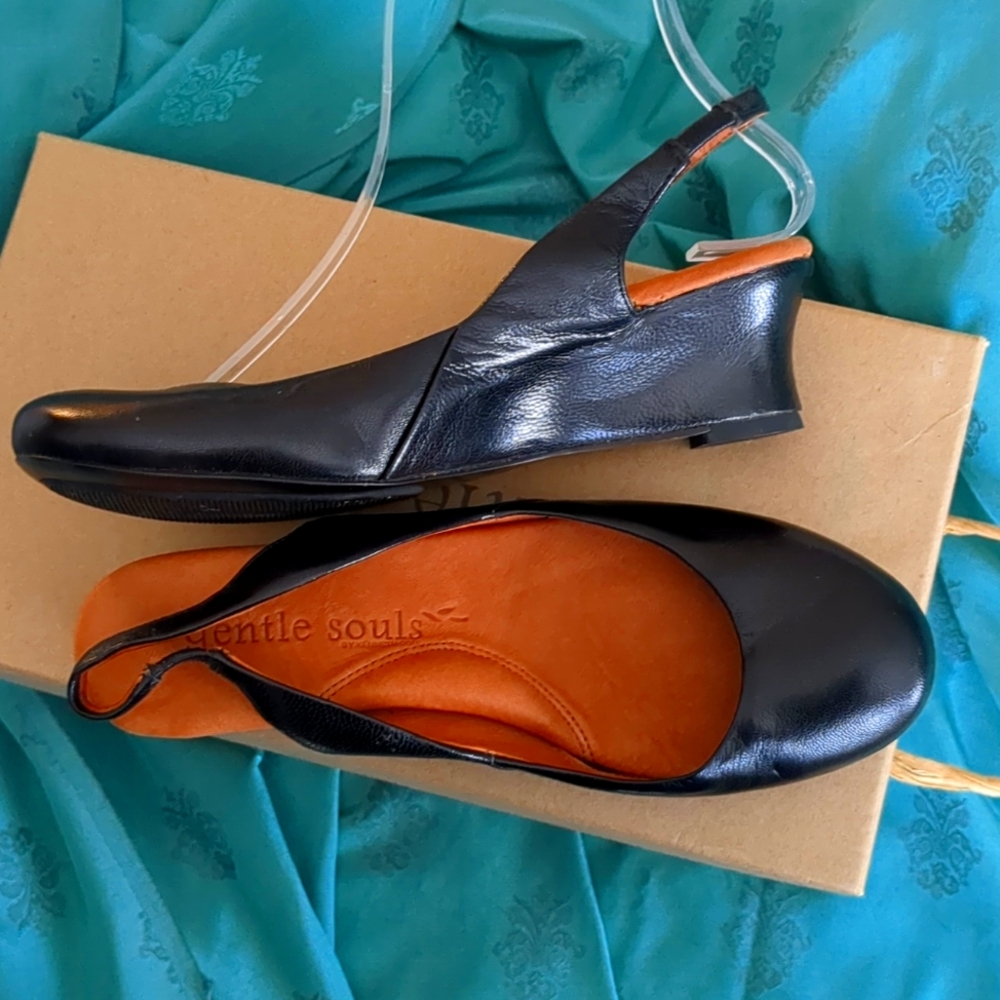 gentle souls Black Leather Slingback Wedges with Orange Insoles